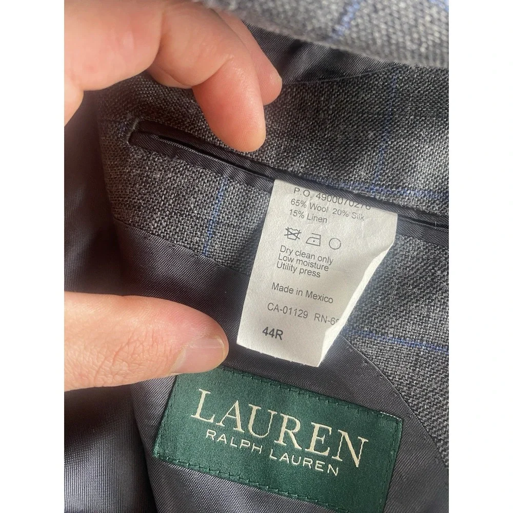 Lauren Ralph Lauren Gray/Blue Window Pane Blazer Mens 44R Wool/Silk/Linen Preppy